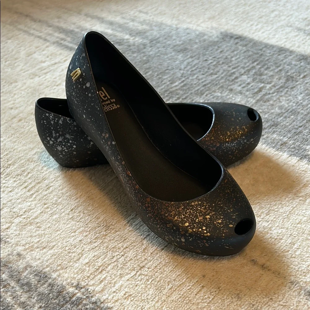 Mini Melissa Kids Black Peep Toe Ballerina Flats. - Picture 1 of 7